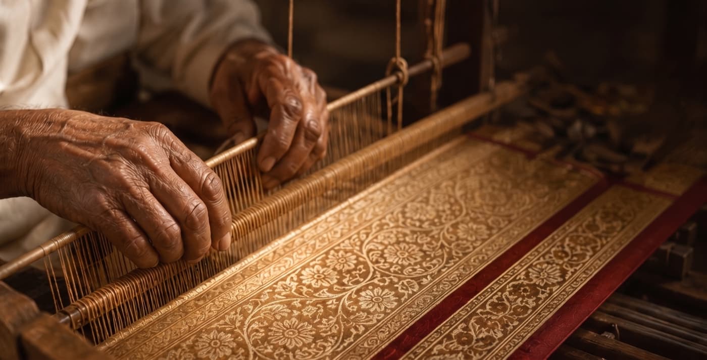 Artisan weaving on a handloom